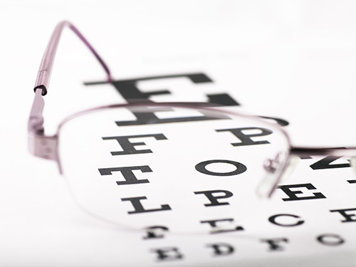 Glasses on top of a eye test chart